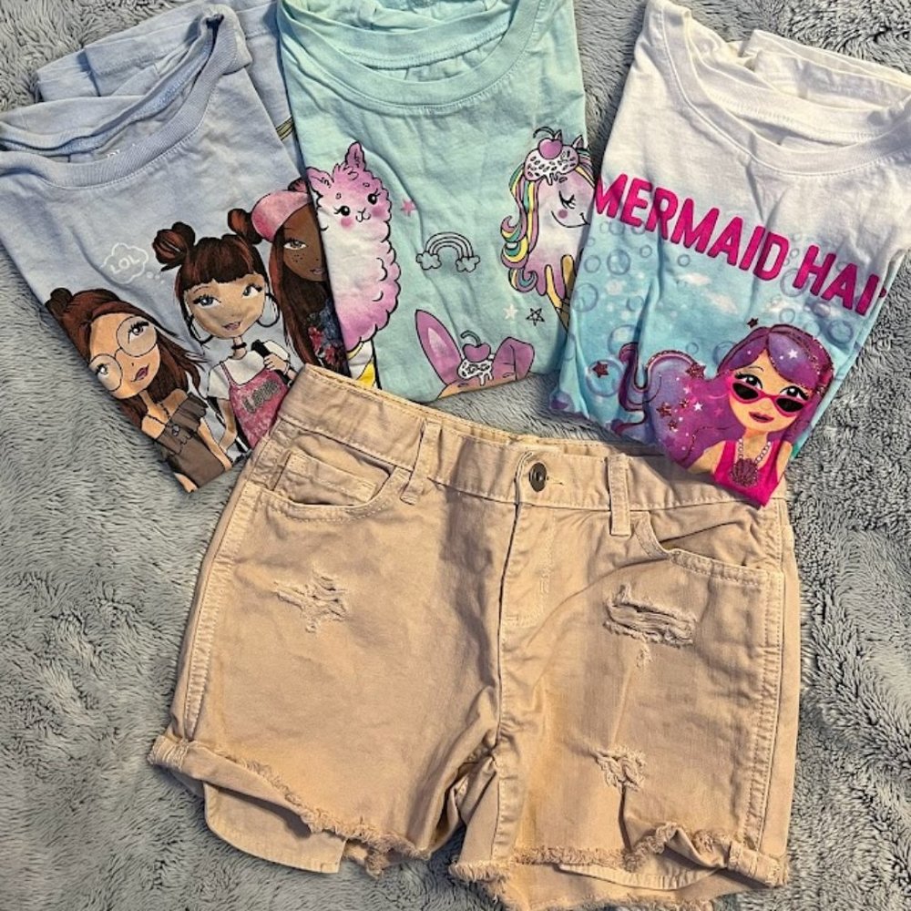 Lot of 3 Children's Place shirts & khaki jean shorts size 7/8 (and 8)